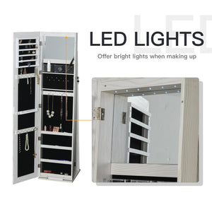 Mirror Jewelry Cabinet Armoire, Lockable Jewelry Organizer with Full-Length Mirror, LED Lights, Standing Jewelry Armoire in White Wood