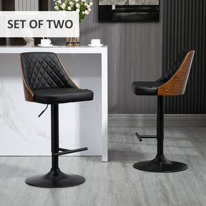 Modern Bar Stools PU Leather Set of 2 Swivel Bar Height Barstools Chairs with Adjustable Height, Round Heavy Metal Base and Footrest, Black