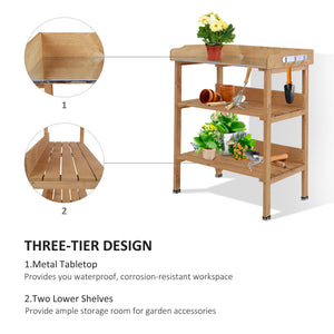 Outdoor Garden Wooden Potting Bench Work Station Table Tool Storage Shelf w/ Hooks, Natural – view 3