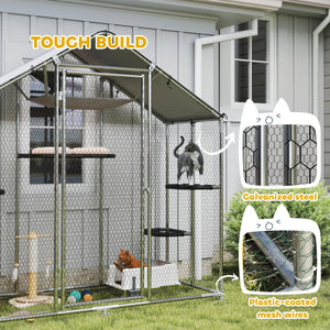 Large Catio Outdoor Cat Enclosure with Waterproof Cover, Walk-in Cat Patio w/ 5 Adjustable Platforms & Hammock 79" W