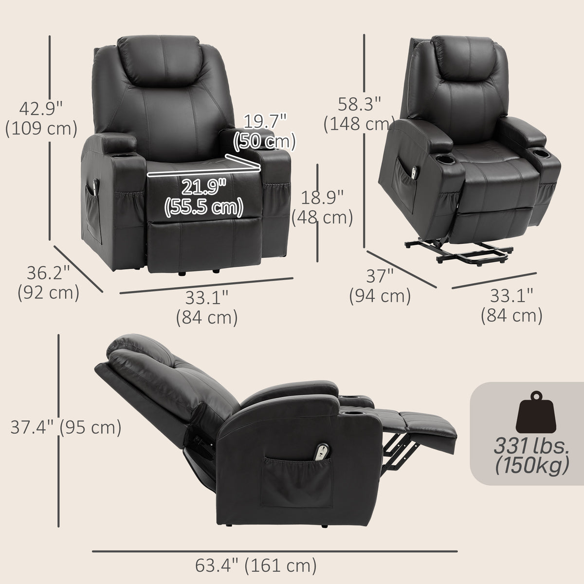 Power Lift Recliner Chair for Elderly, PU Leather Lift Chair with Thick and High Back, Footrest, Remote – view 2