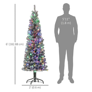 6ft Prelit Pencil Artificial Christmas Tree, Flocked Xmas Tree with Remote, Dual Colour LEDs, 429 Tips, Metal Stand