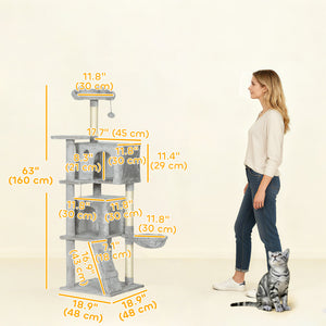 63 Inch Cat Tree with Sisal Scratching Posts, Condos, Plush Perches, Hammock, Ladder, Dangling Balls, Beige – view 16