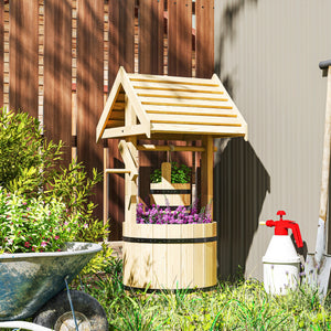 Wood Wishing Well Outdoor Wooden Planter with Hanging Bucket and Drainage Hole for Garden, Patio, Backyard, Natural