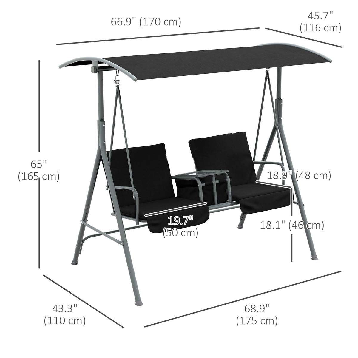 2-Seater Outdoor Porch Swing with Adjustable Canopy and Table, Patio Swing Chair for Garden, Poolside, Backyard, Black