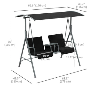 2-Seater Outdoor Porch Swing with Adjustable Canopy and Table, Patio Swing Chair for Garden, Poolside, Backyard, Black