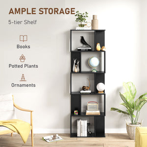 5-Tier Geometric Bookshelf, S Shaped Bookcase, Modern Freestanding Display Shelf Unit for Home Office, Black