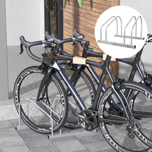 2-Bike Adjustable Bike Rack, Steel Bike Stand, Ground Mount Garage Organizer for Indoor and Outdoor Use, Silver