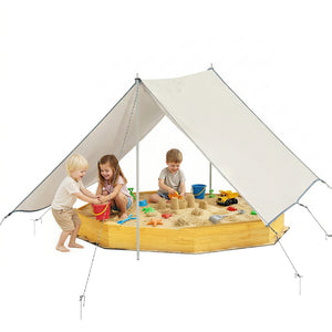 Qaba Wooden Kids Wooden Sandbox with Large Canopy, Outdoor Sand Box with 4 Bench Seats, Bottom Liner for Aged 3-8, Yellow
