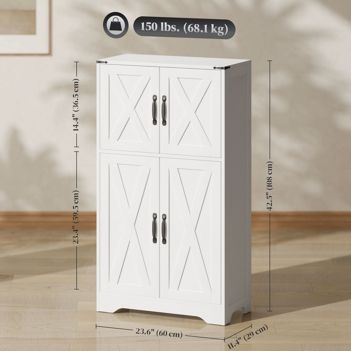 Farmhouse Kitchen Pantry, Freestanding Kitchen Pantry Storage Cabinet with Barn Doors and Adjustable Shelves, White
