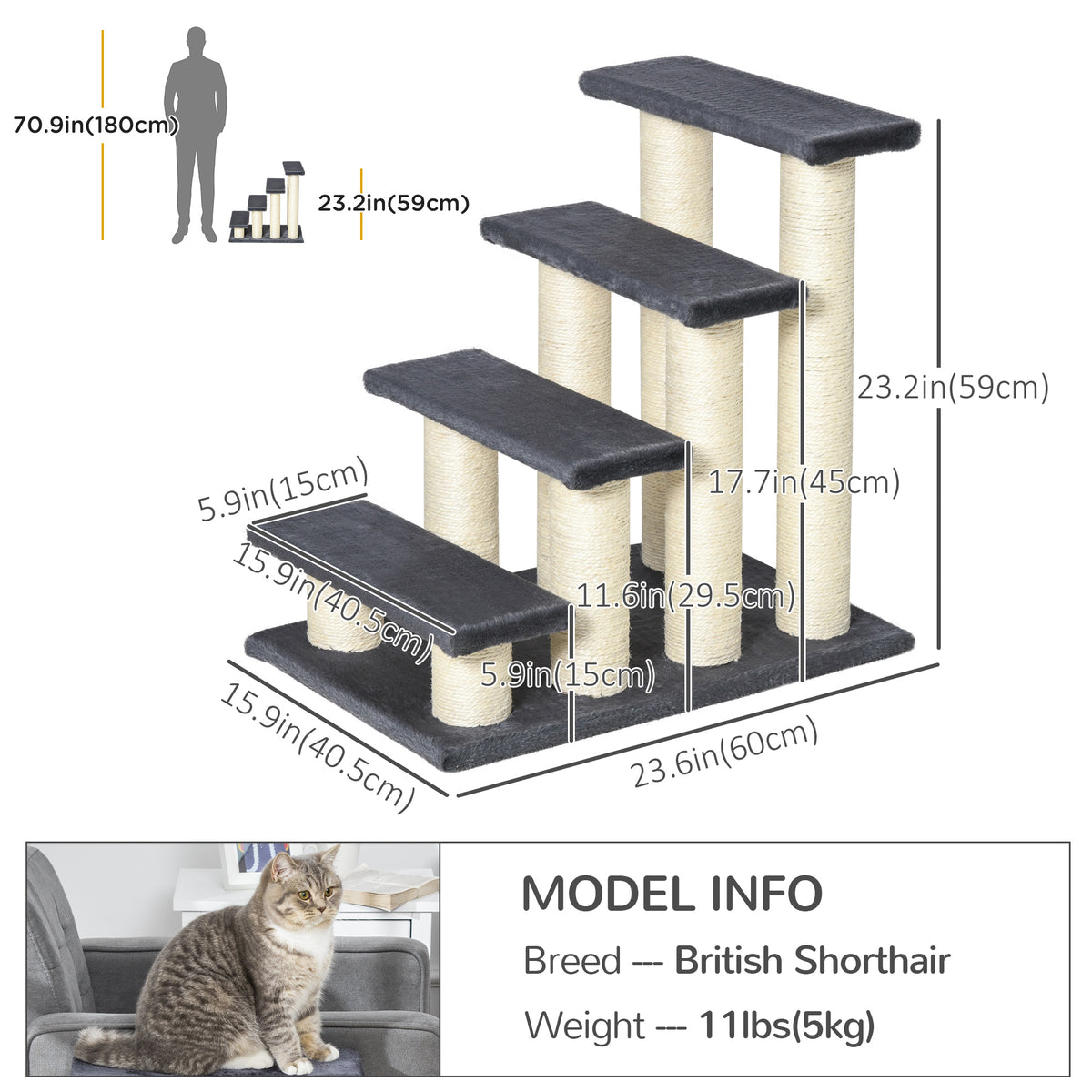 Cat Trees 4 Tier Pet Stairs Dog Cat 4 Steps Kitty Scatching Post Cat Scratch Furniture Dark Grey