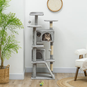 54" Cat Tree, Multi-Level Cat Tower with Scratching Posts, Cat Condos, Bed, Platforms, Ramp, Toy Ball, Beige – view 35