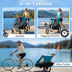 Qaba 3-in-1 Bike Trailer for Kids, Baby Stroller and Jogger, Foldable Child Bicycle Trailer with Reclining Seat, Blue