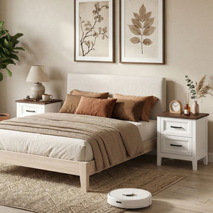 Farmhouse Nightstand Set of 2, Bedside Tables with 2 Drawers, Wood-Effect Top, White