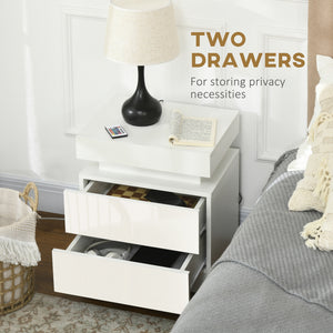 Nightstand, Bedside Table with LED Lights and 2 Drawers for Bedroom, Living Room, White