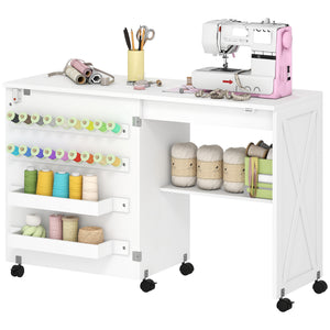 Sewing Machine Table on Wheels, Folding Craft Table with 2 Bins, Storage Shelf, 18 Pegs, Lockable Wheels โ view 15