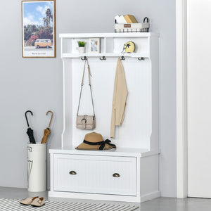 64.5" H Hall Tree with Storage Drawer & Top Shelf, Coat Rack Wooden Entryway Storage Bench Hall Tree Hallway Clothes Bag Coat Rack 4 Hooks, White