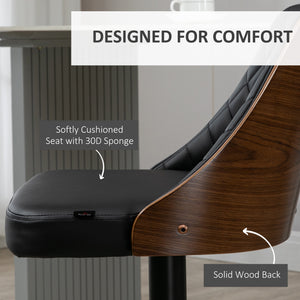 Modern Bar Stools PU Leather Set of 2 Swivel Bar Height Barstools Chairs with Adjustable Height, Round Heavy Metal Base and Footrest, Black