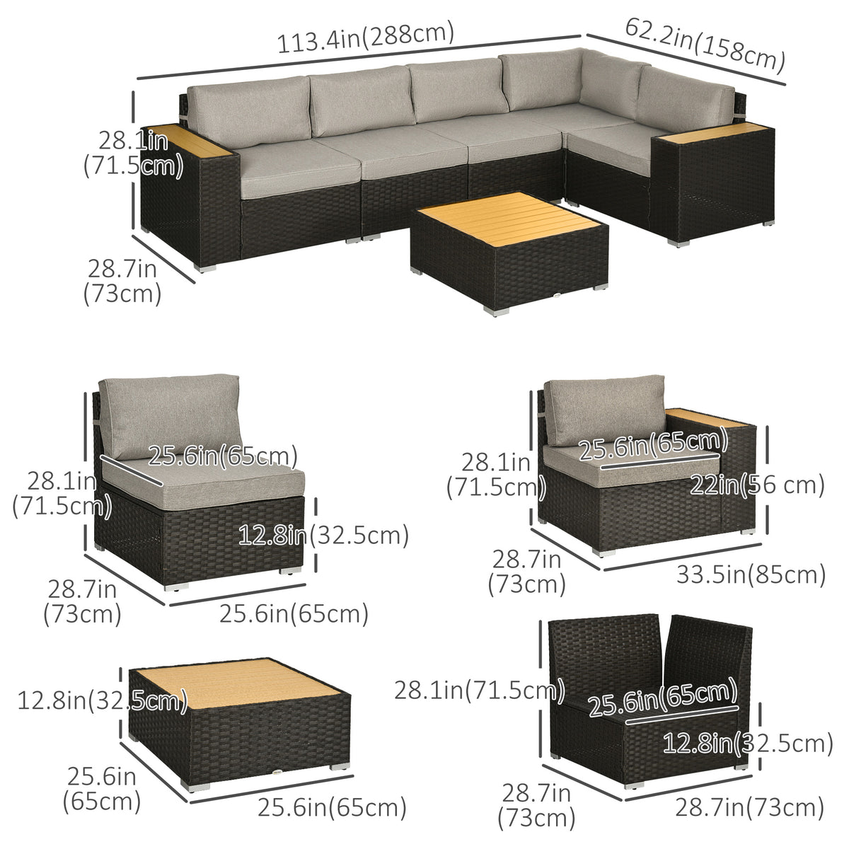 6 Pieces Outdoor Rattan Patio Furniture Set with Corner Sofa, Wood-Plastic Coffee Table, Light Grey