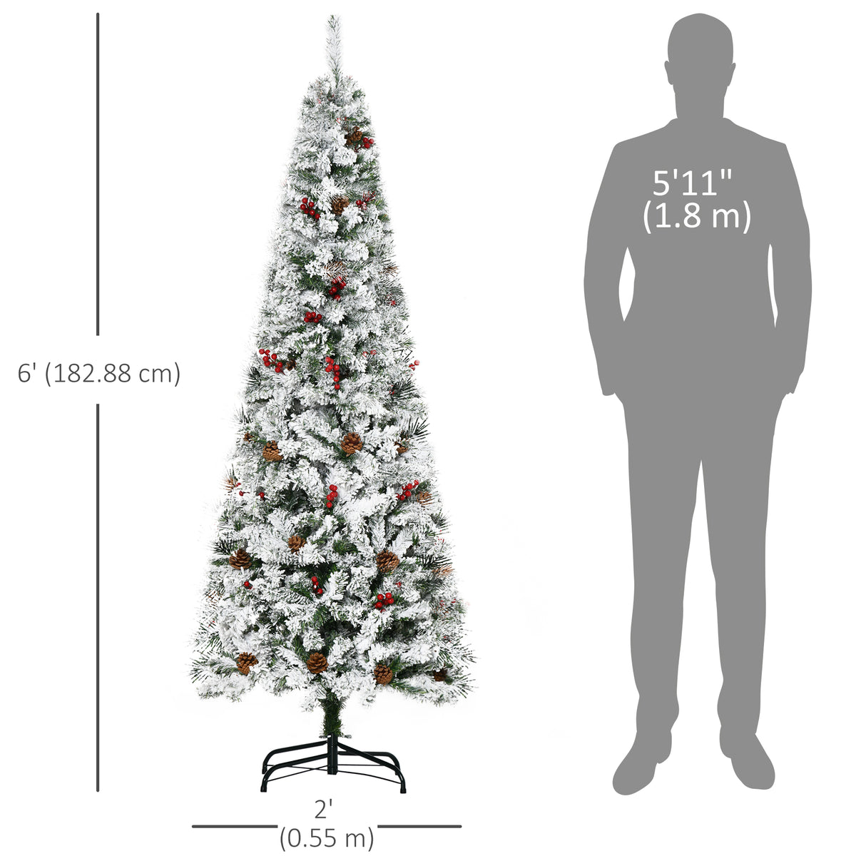 6 Foot Pencil Snow Flocked Artificial Christmas Tree with 600 Pine Realistic Branches, Pine Cones – view 2
