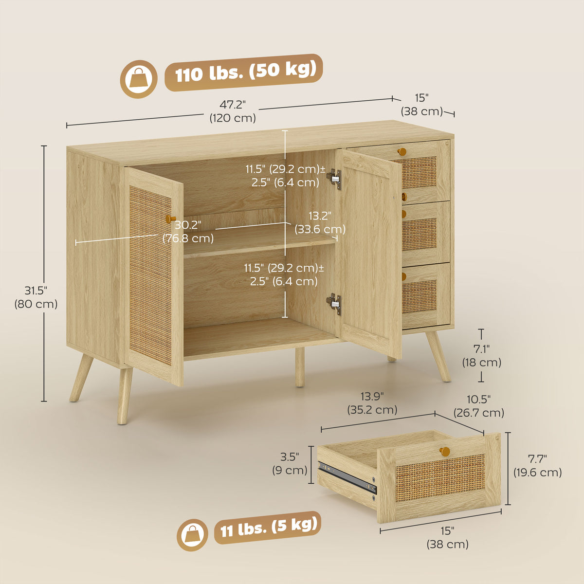 47" Buffet Cabinet with Soft-Close Doors, Rattan Sideboard with Drawers, Adjustable Shelf and Wooden Legs, Natural