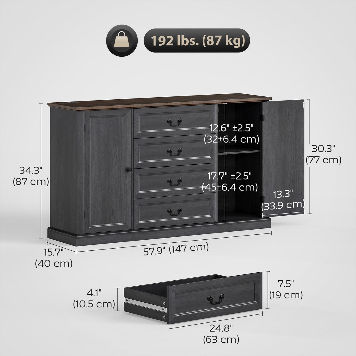 Farmhouse Sideboard with Charging Station, 58" Buffet Cabinet, Kitchen Storage Cabinet with 4 Drawers, 2 Doors, Black
