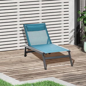 Outdoor Lounge Chair, 5-Position Tanning Chair with Wheels, Headrest, Aluminum Frame for Poolside, Beach, Blue