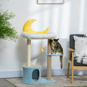Moon Cat Tower for Indoor Cats with Teddy Fleece House Bed Scratching Post Hanging Toy Star Platform 41" Blue