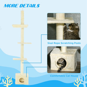 Floor to Ceiling Cat Tree with Scratching Post for Indoor Cats, Adjustable Height Cat Tower (91-102 Inches) with House, Bed, Beige