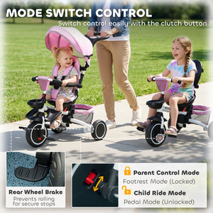 Aosom Tricycle for Toddler 6-in-1 Kids Trike, Foldable Converts Stroller to Baby Push Bike, Adjustable Backrest with Detachable Guardrail & Handle, Brake for 1-4 Years Old