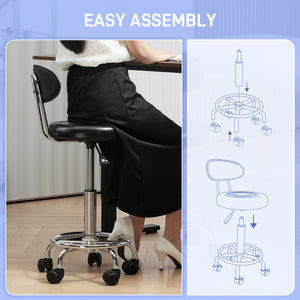 Adjustable Stool, Rolling Stool, 360° Rotate, with Backrest and Wheels, Black