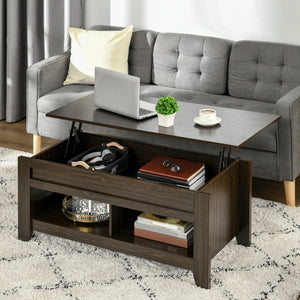 Lift Top Coffee Table with Hidden Storage Compartment and Open Shelves, Lift Tabletop Pop-Up Center Table for Living Room, Dark Walnut