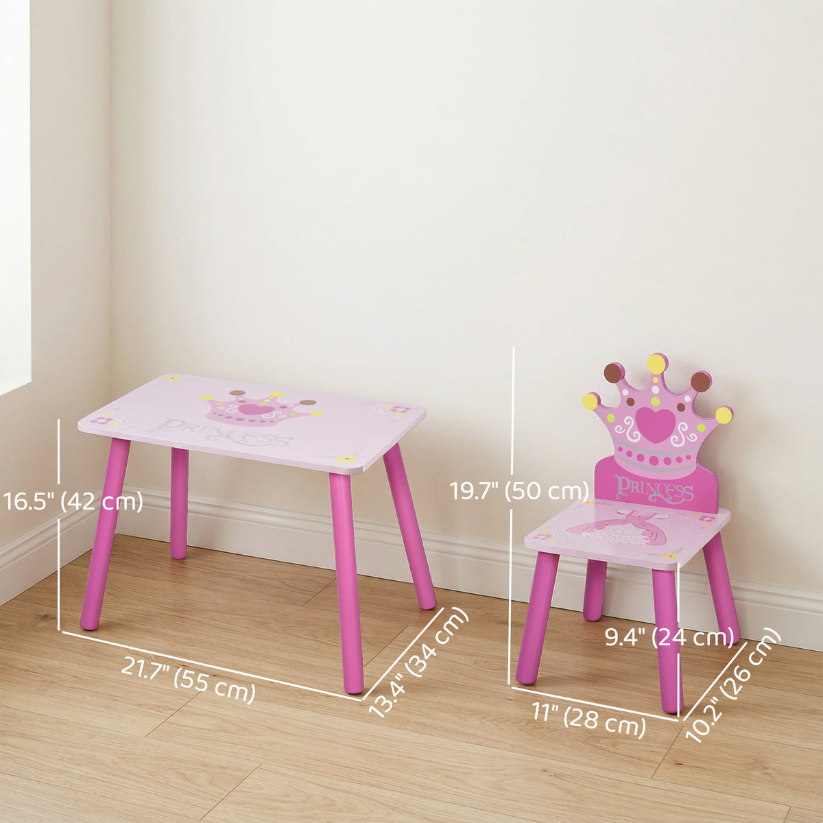 Qaba 3-Piece Set Kids Wooden Table Chair with Crown Pattern Easy to Clean Gift for Girls Toddlers Age 2-4 Years Old Pink