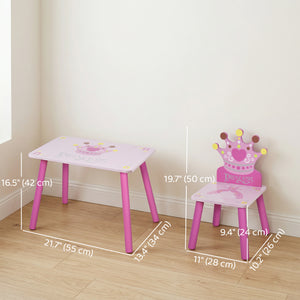 Qaba 3-Piece Set Kids Wooden Table Chair with Crown Pattern Easy to Clean Gift for Girls Toddlers Age 2-4 Years Old Pink