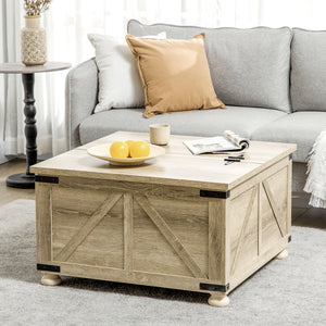 Farmhouse Coffee Table, Square Center Table with Flip-top Lids, Hidden Storage Compartment and Wooden Legs – view 7