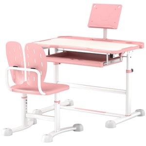 Qaba Height Adjustable Kids Desk and Chair Set with Tilt Desktop, Large Writing Board, Storage Drawer, Book Stand