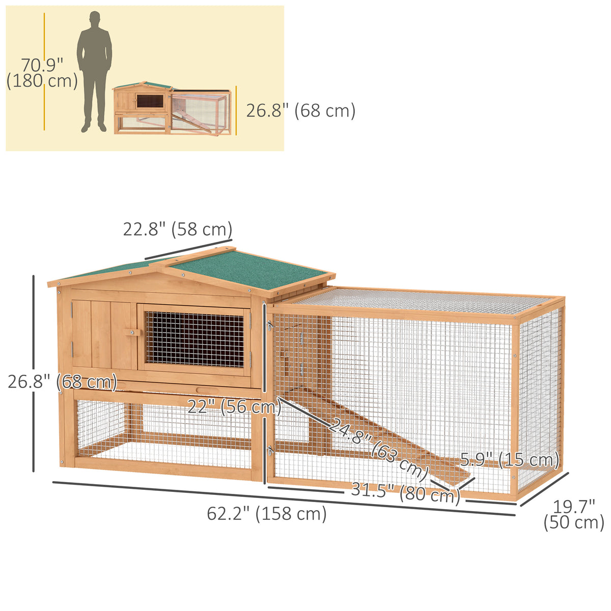 62'' L 2-Story Rabbit Hutch Bunny Cage Small Animal House with Pull Out Tray, Detachable Run, Ramp, for Indoor Outdoor, Natural