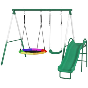 Qaba Metal Swing Set with Slide, Saucer Swing Seat, Heavy Duty A-Frame Stand and Adjustable Rope for Backyard, Dark Green