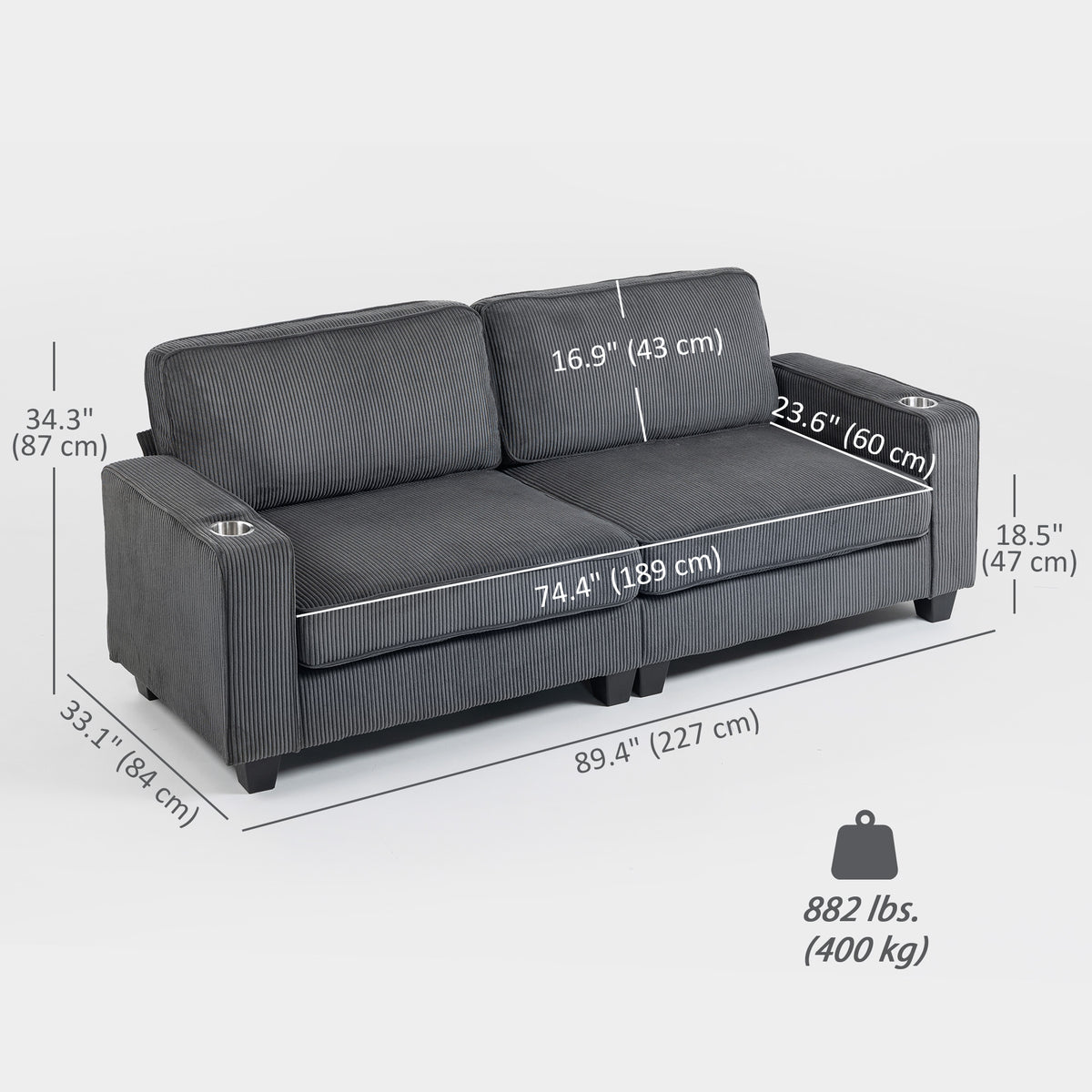 Three Seater Sofa, Fabric 3 Seater Couch with Spring Cushion and Cup Holders for Living Room, Bedroom – view 2