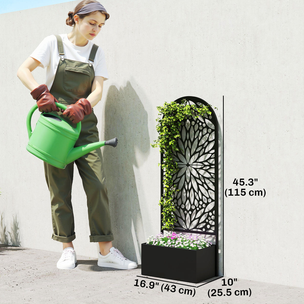 Metal Raised Garden Bed with Trellis for Climbing Plants, Freestanding or Wall Mounted Flower Bed with Privacy Panel