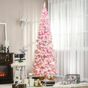 6 Foot Prelit Snow Flocked Artificial Christmas Tree with Pencil Shape, 500 Pine Realistic Branches, Warm White LED lights, Auto Open, Pink and White