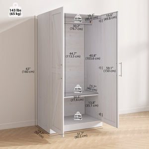 Wardrobe Cabinet with Hanging Rod, Anti-Tipping and 2 Barn Doors, Farmhouse Wardrobe Closet for Bedroom, White Wood Effect