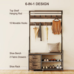 6-In-1 Hall Tree with Shoe Storage, Coat Rack Shoe Storage with 10 Hooks, 2 Fabric Drawers, Rustic Brown
