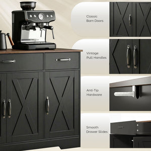 Sideboard Buffet Cabinet, 55" Farmhouse Kitchen Cabinet with 4 Barn Doors, 3 Drawers, 3 Adjustable Shelves – view 6