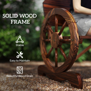 Wooden Outdoor Bench, Garden Patio Loveseat with Wagon Wheel Armrests, 528LBS Capacity, Carbonized
