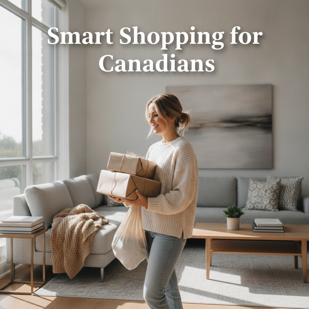 A happy shopper holding packages in a bright Canadian home, illustrating the 5 clear benefits of shopping at ValuHub for Canadians.