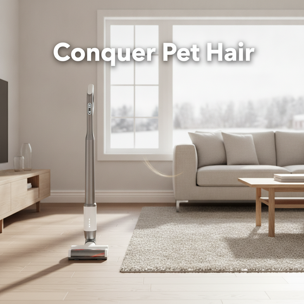 A modern cordless vacuum standing on hardwood flooring in a bright Canadian living room, illustrating how to choose the best vacuum for pet hair.