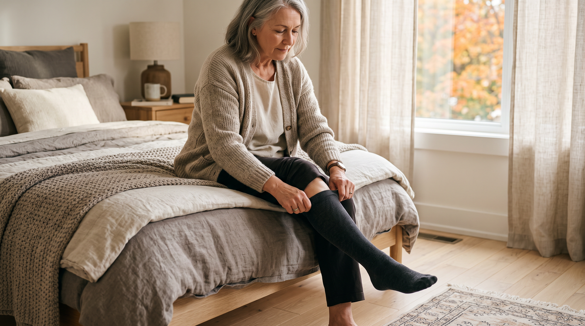 A woman sitting on the edge of a bed in a bright Canadian bedroom, pulling on a knee-high compression sock