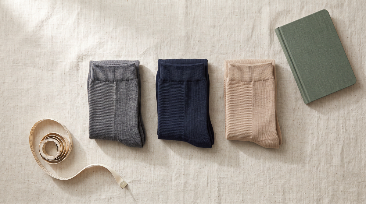 Folded knee-high compression socks on pale linen beside a soft cloth measuring tape