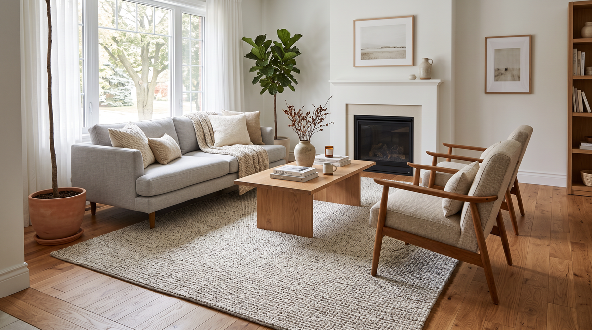 A bright Canadian living room with a large area rug anchoring a sofa, armchairs and coffee table